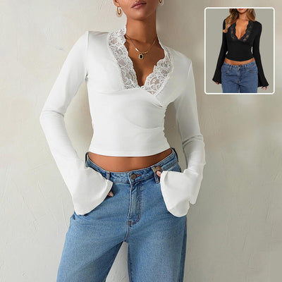 Women's slim V-neck lace T-shirt in white with trumpet sleeves and a fitted design. Stylish long-sleeved top with lace detailing for a chic look.