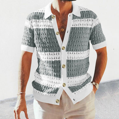 Men's summer fashion camp collar shirt with short sleeves, breathable knit fabric, and button-down front in white and gray tones for casual and formal wear.